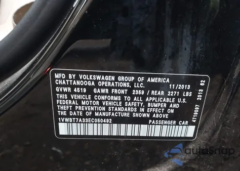 2014 Volkswagen Passat 1.8T Se из США, поврежденный, VIN 1VWBT7A33EC050492